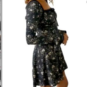 Free People Black Tess Floral Long Sleeve Smock Mini Dress~Size Small~NWT